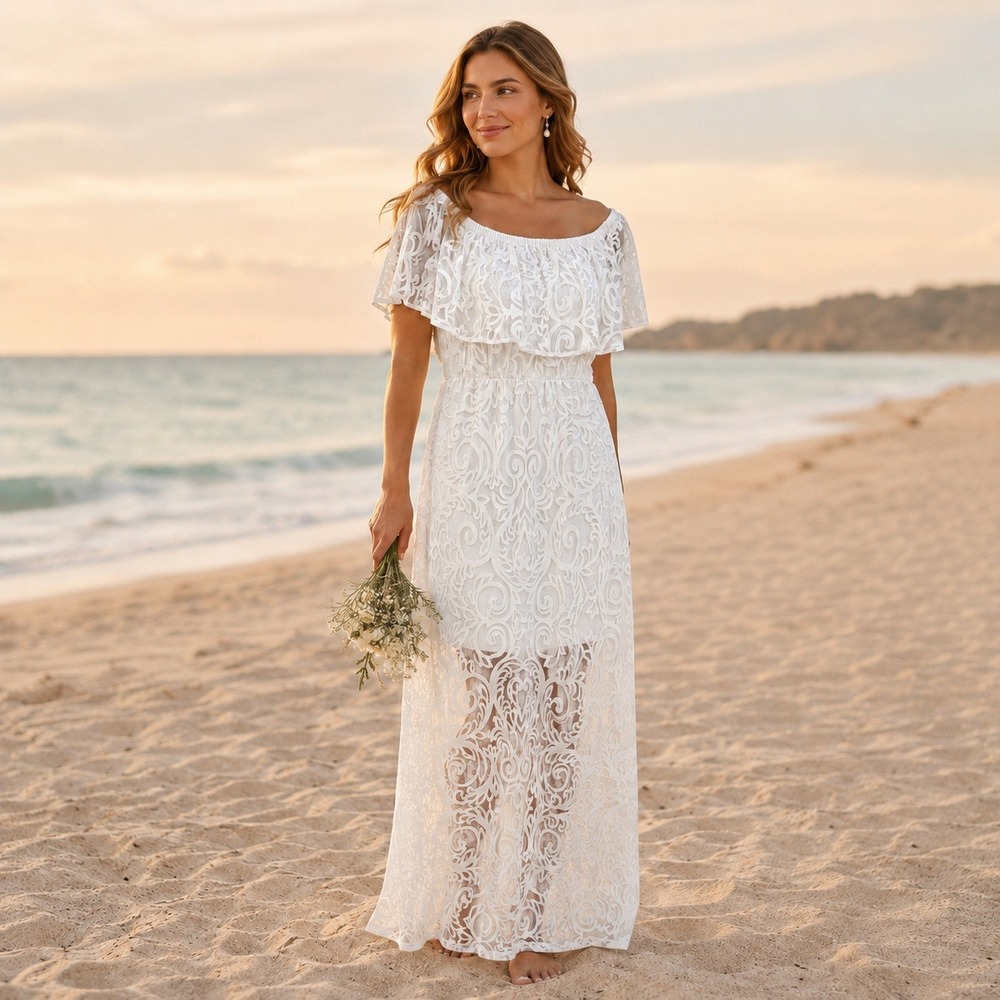 Soma Off The Shoulder Maxi Dress XL White Sheer Lace Ruffle Beach Bride Wedding